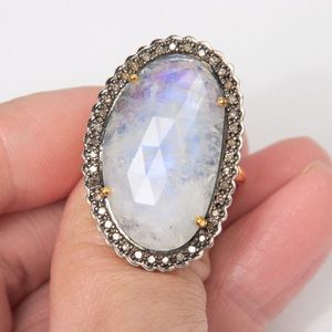 Rarities by Carol Brodie statement cocktail ring large moonstone & diamonds 10